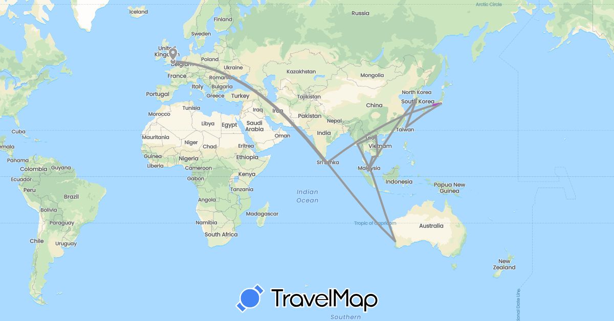 TravelMap itinerary: driving, plane, train in Australia, United Kingdom, Japan, South Korea, Sri Lanka, Myanmar (Burma), Malaysia, Singapore, Taiwan, Vietnam (Asia, Europe, Oceania)